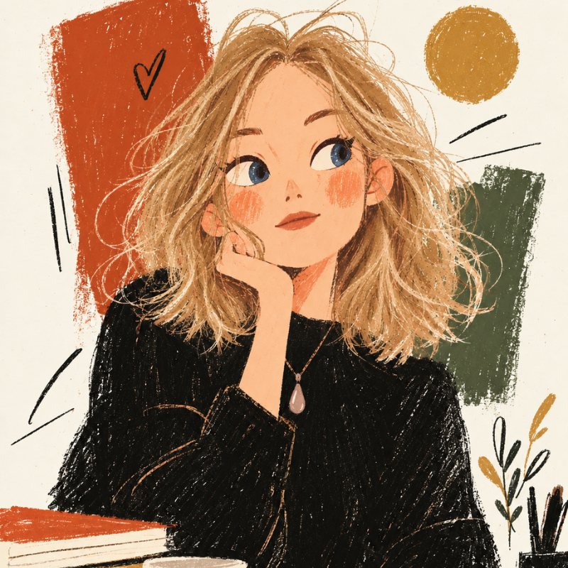 Portrait illustré d’Audrey Murad : une femme aux cheveux blonds ondulés, pull noir, le menton posé sur la main, devant des aplats terre cuite, olive et ocre.